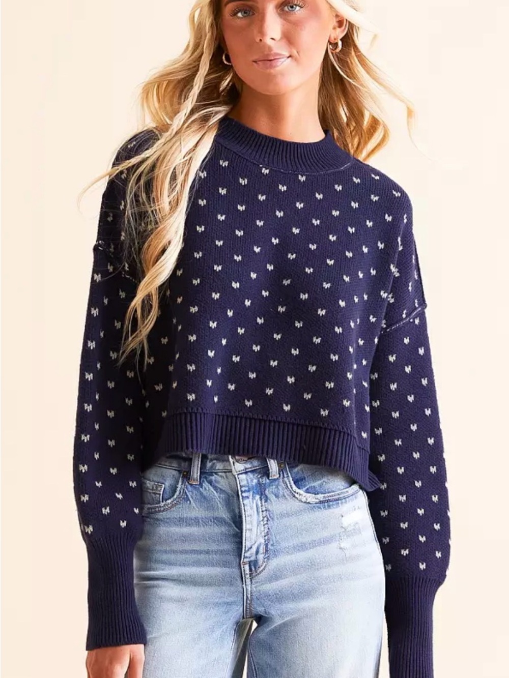 Free People Navy and White Dot Cropped Crew Sweater